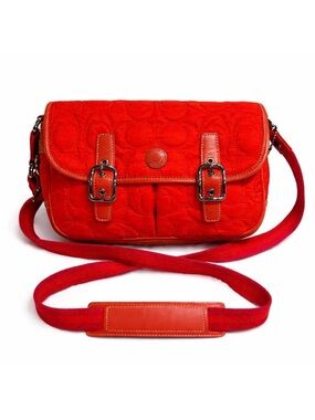 Coach Quilted Crossbody Bag Red Signature Fabric Leather Trim Buckle Purse